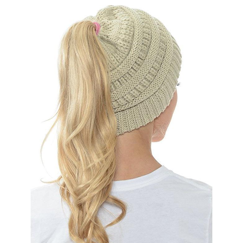 Frendorf | Weiche Gestrickte Pferdeschwanz-Mütze  Mit Zöpfen Loch