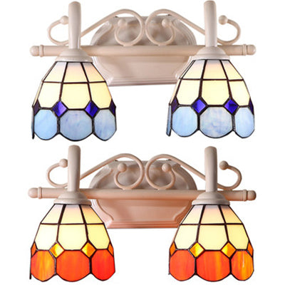 Frendorf | Dome Doppel-Wandlampe mit gebogenem Arm, Buntglas, traditionelle Wandbeleuchtung in Blau/Orange