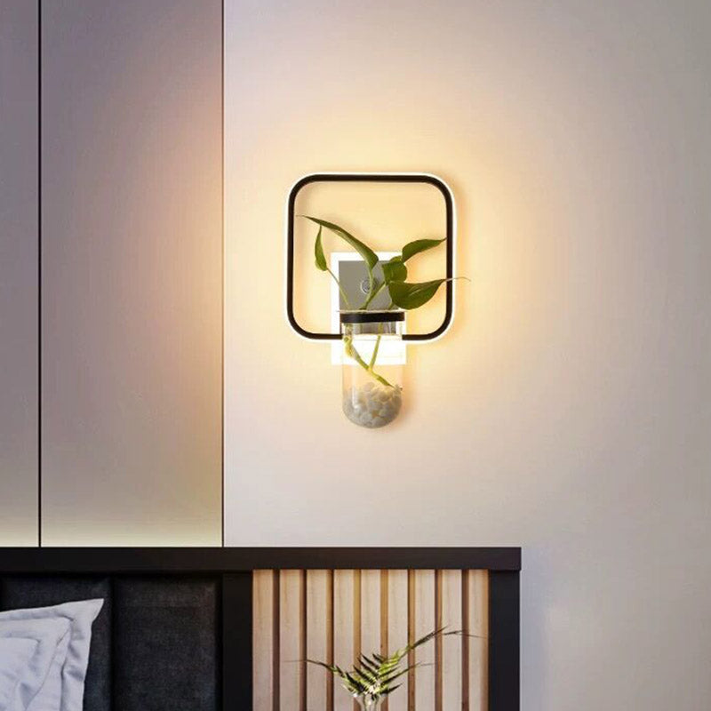 Frendorf | Industrielle Runde/Rechteckige Wandleuchte LED Metall Wandmontage Lampe in Schwarz mit Pflanzenbecher für Schlafzimmer