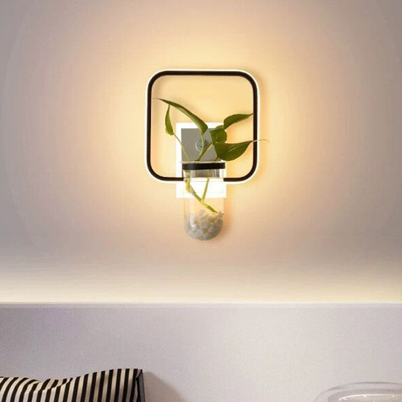Frendorf | Industrielle Runde/Rechteckige Wandleuchte LED Metall Wandmontage Lampe in Schwarz mit Pflanzenbecher für Schlafzimmer