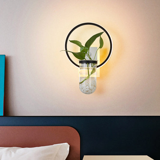 Frendorf | Industrielle Runde/Rechteckige Wandleuchte LED Metall Wandmontage Lampe in Schwarz mit Pflanzenbecher für Schlafzimmer