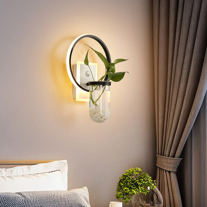 Frendorf | Industrielle Runde/Rechteckige Wandleuchte LED Metall Wandmontage Lampe in Schwarz mit Pflanzenbecher für Schlafzimmer