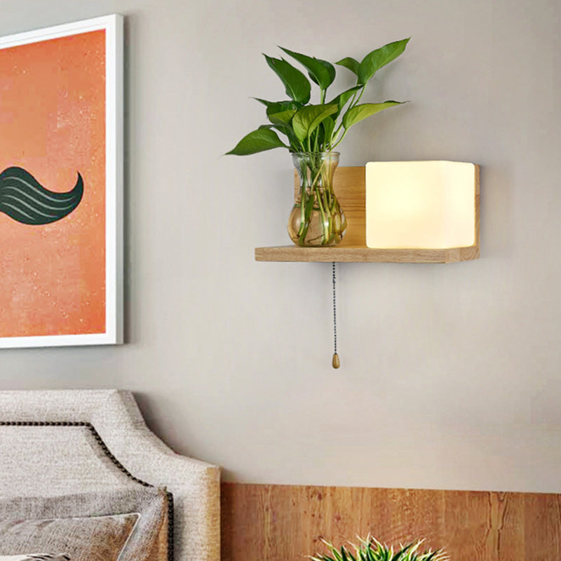 Frendorf | Minimalisme Vierkante Wandlamp Fixture 1 Hoofd Witte Glas LED Wandlamp Verlichting in Hout, Links/Rechts