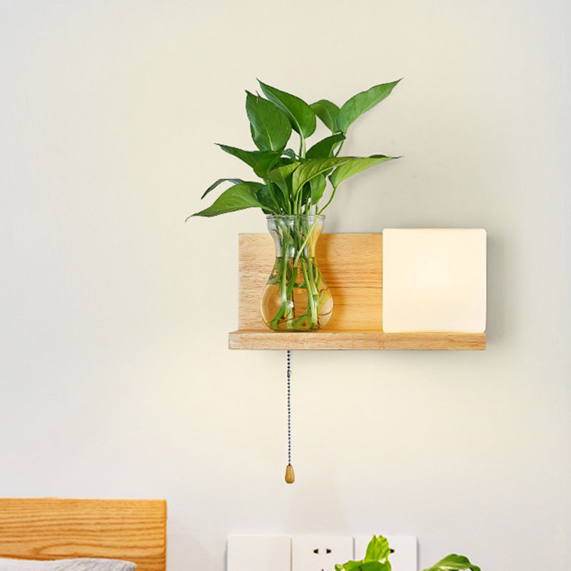 Frendorf | Minimalisme Vierkante Wandlamp Fixture 1 Hoofd Witte Glas LED Wandlamp Verlichting in Hout, Links/Rechts