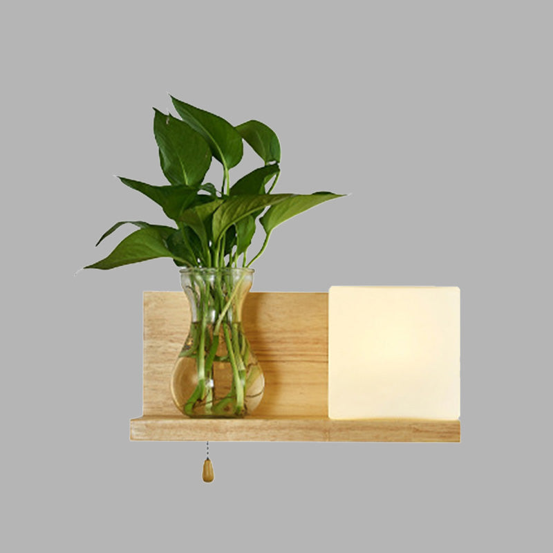 Frendorf | Minimalisme Vierkante Wandlamp Fixture 1 Hoofd Witte Glas LED Wandlamp Verlichting in Hout, Links/Rechts