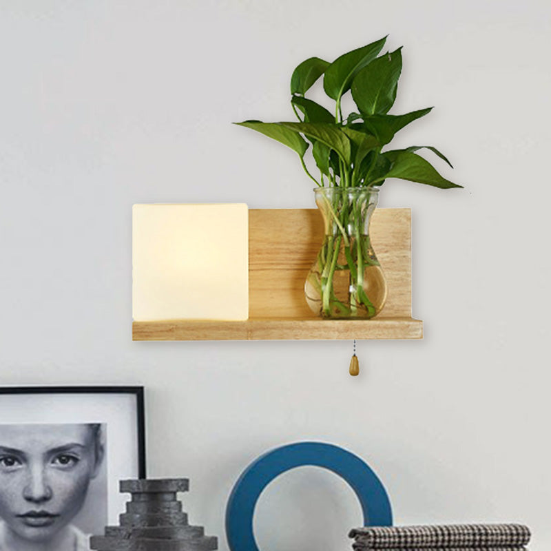 Frendorf | Minimalisme Vierkante Wandlamp Fixture 1 Hoofd Witte Glas LED Wandlamp Verlichting in Hout, Links/Rechts