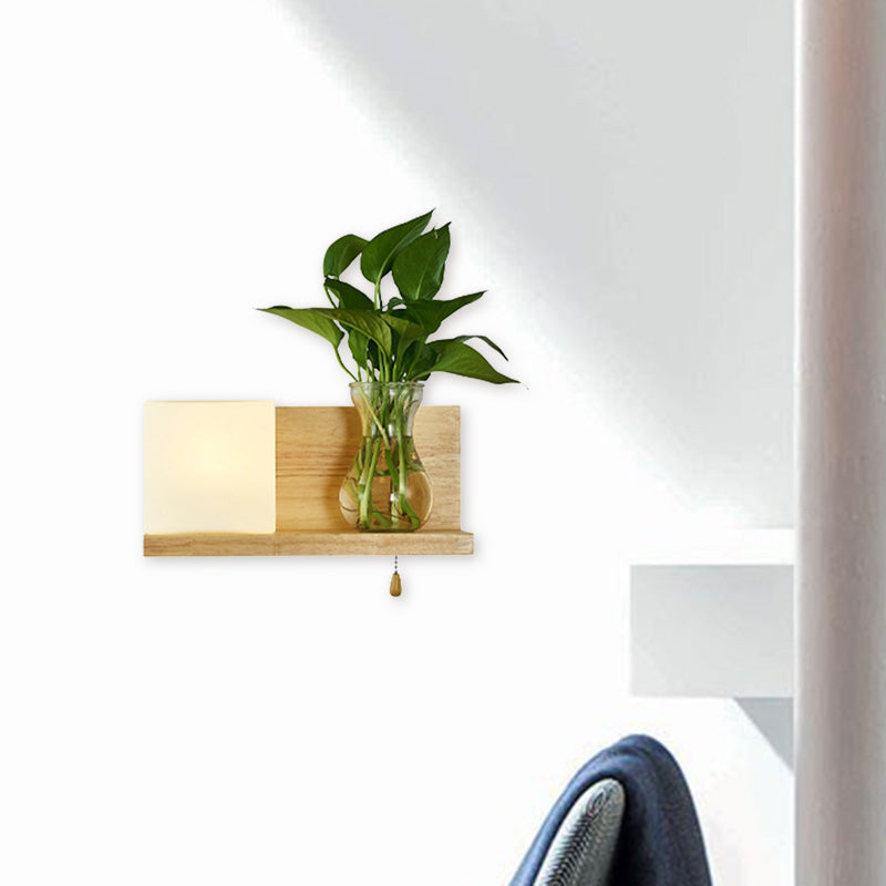 Frendorf | Minimalisme Vierkante Wandlamp Fixture 1 Hoofd Witte Glas LED Wandlamp Verlichting in Hout, Links/Rechts