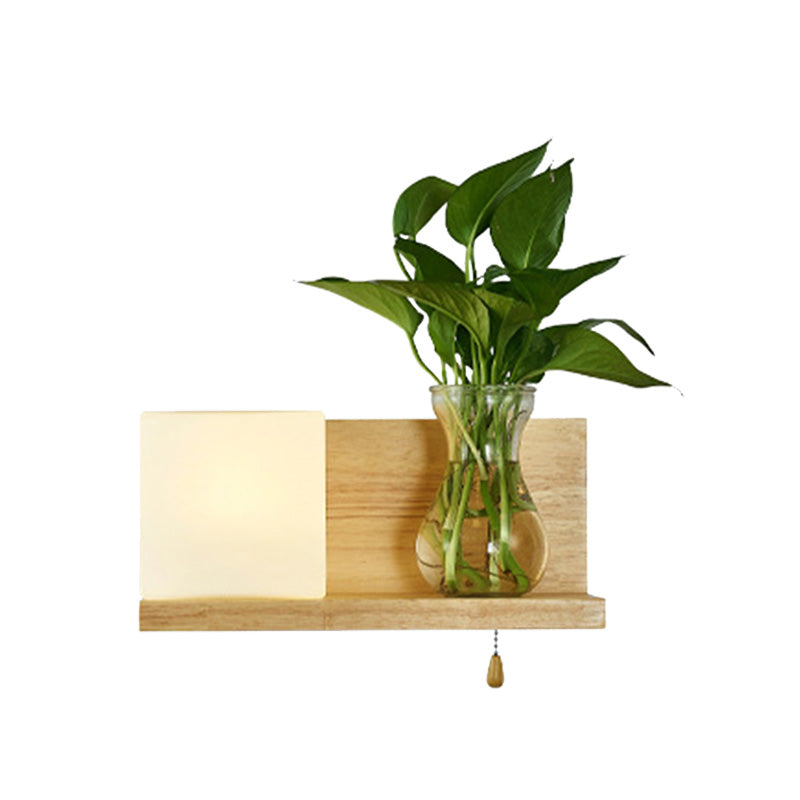 Frendorf | Minimalisme Vierkante Wandlamp Fixture 1 Hoofd Witte Glas LED Wandlamp Verlichting in Hout, Links/Rechts