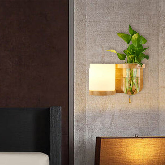 Frendorf | 1 Leuchtmittel Wandmontierte Licht Industriell Zylindrisch Opalglas LED Wandleuchte Sconces aus Holz, Links/Rechts