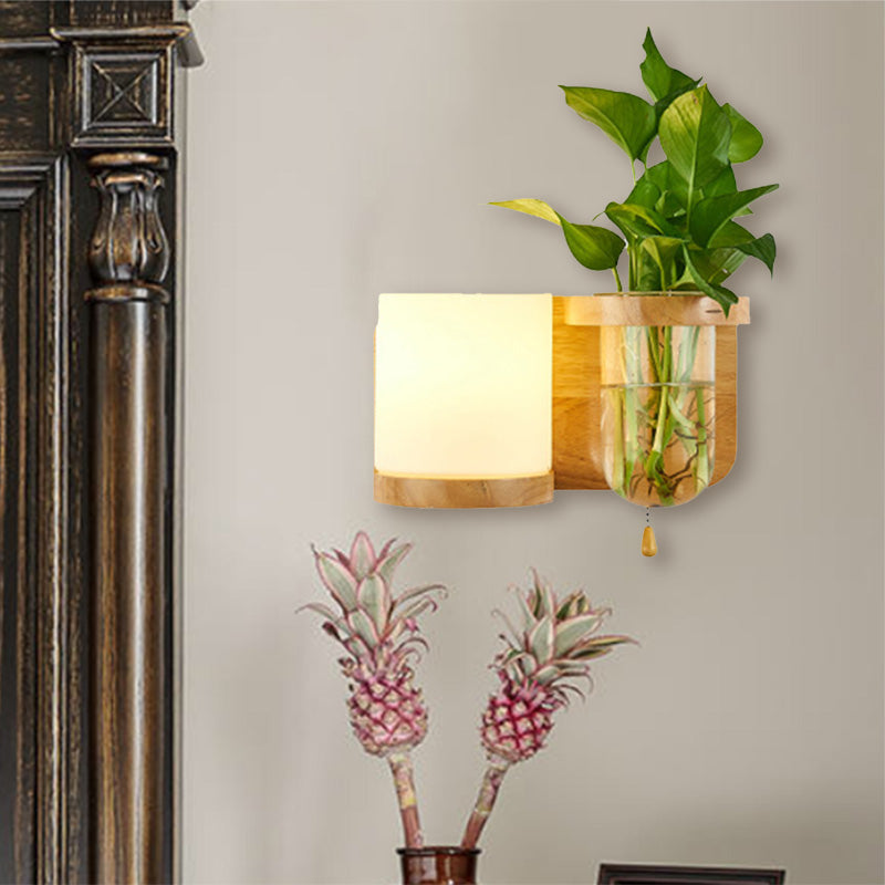 Frendorf | 1 Leuchtmittel Wandmontierte Licht Industriell Zylindrisch Opalglas LED Wandleuchte Sconces aus Holz, Links/Rechts