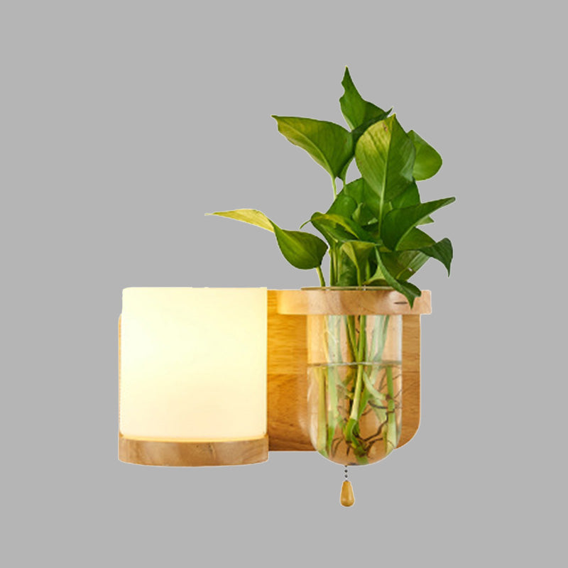 Frendorf | 1 Leuchtmittel Wandmontierte Licht Industriell Zylindrisch Opalglas LED Wandleuchte Sconces aus Holz, Links/Rechts