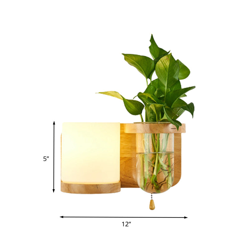 Frendorf | 1 Leuchtmittel Wandmontierte Licht Industriell Zylindrisch Opalglas LED Wandleuchte Sconces aus Holz, Links/Rechts