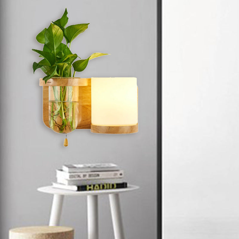 Frendorf | 1 Leuchtmittel Wandmontierte Licht Industriell Zylindrisch Opalglas LED Wandleuchte Sconces aus Holz, Links/Rechts