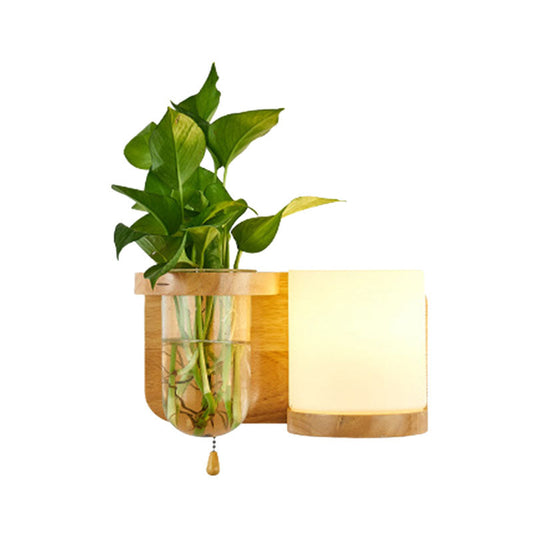 Frendorf | 1 Leuchtmittel Wandmontierte Licht Industriell Zylindrisch Opalglas LED Wandleuchte Sconces aus Holz, Links/Rechts