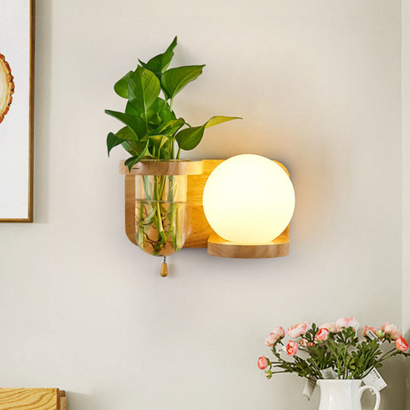 Frendorf | Ball Weiße Glas Wandlampe Industrie 1 Glühlampe Schlafzimmer LED Wandlampe Vorrichtung in Holz, Links/Rechts