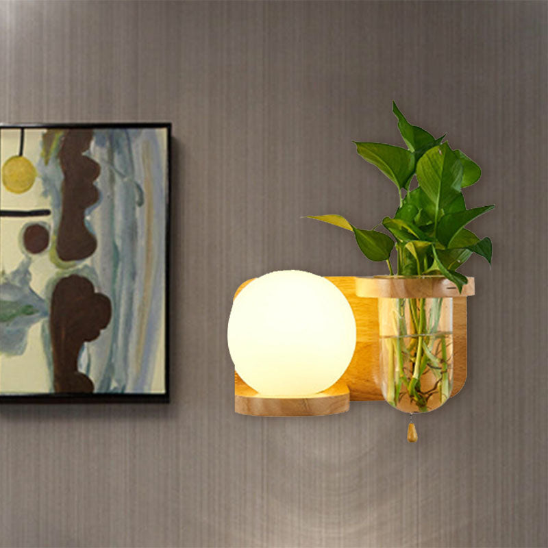Frendorf | Ball Weiße Glas Wandlampe Industrie 1 Glühlampe Schlafzimmer LED Wandlampe Vorrichtung in Holz, Links/Rechts