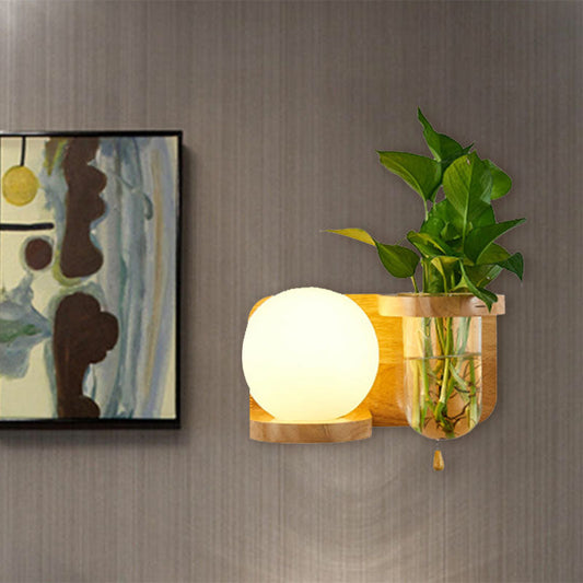Frendorf | Ball Weiße Glas Wandlampe Industrie 1 Glühlampe Schlafzimmer LED Wandlampe Vorrichtung in Holz, Links/Rechts