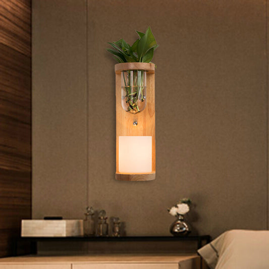 Frendorf | Zylinder Wohnzimmer Wandlampe Industrie Opalglas 1 Licht Holz LED Wandleuchte Beleuchtungseinrichtung