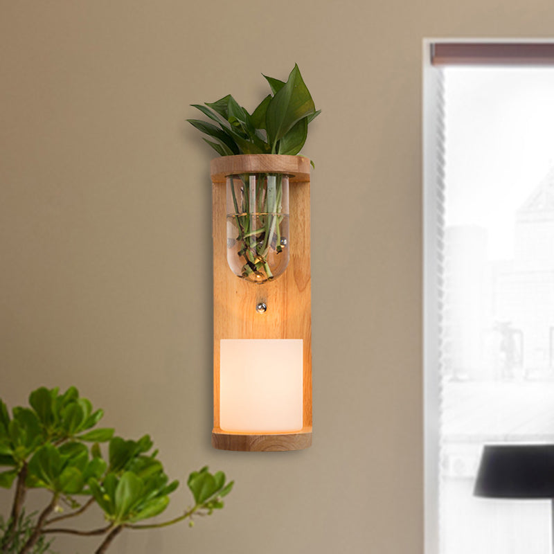 Frendorf | Zylinder Wohnzimmer Wandlampe Industrie Opalglas 1 Licht Holz LED Wandleuchte Beleuchtungseinrichtung
