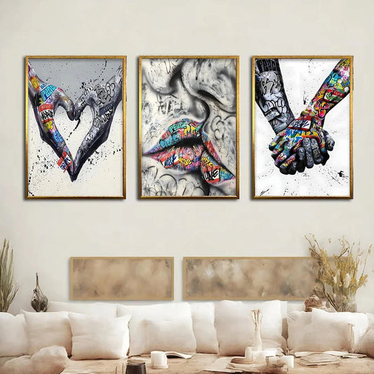 3PCS Moderne Liebe Hand in Hand Küss den Kuss Poster Graffiti Banksy Straßen Wandkunst Leinwandmalerei Drucke Bilder Raumdekoration