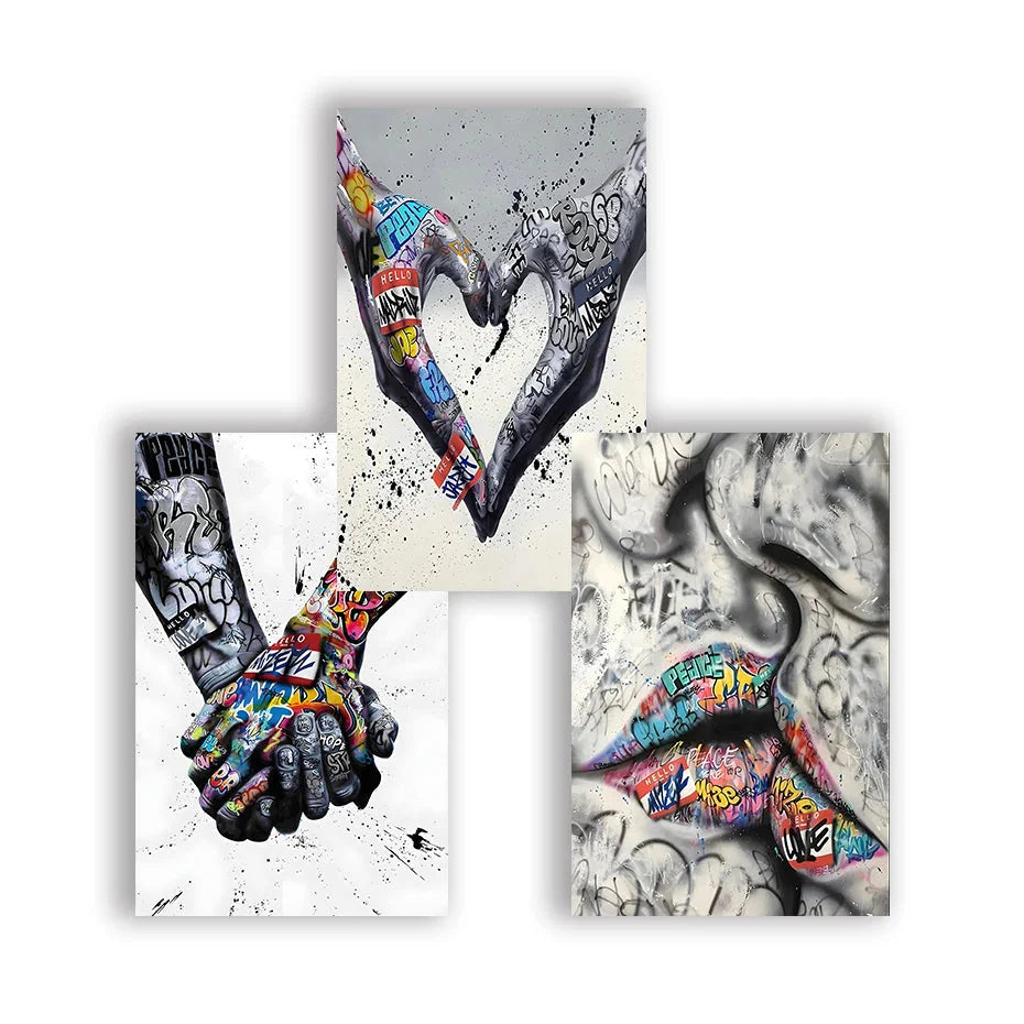 3PCS Moderne Liebe Hand in Hand Küss den Kuss Poster Graffiti Banksy Straßen Wandkunst Leinwandmalerei Drucke Bilder Raumdekoration