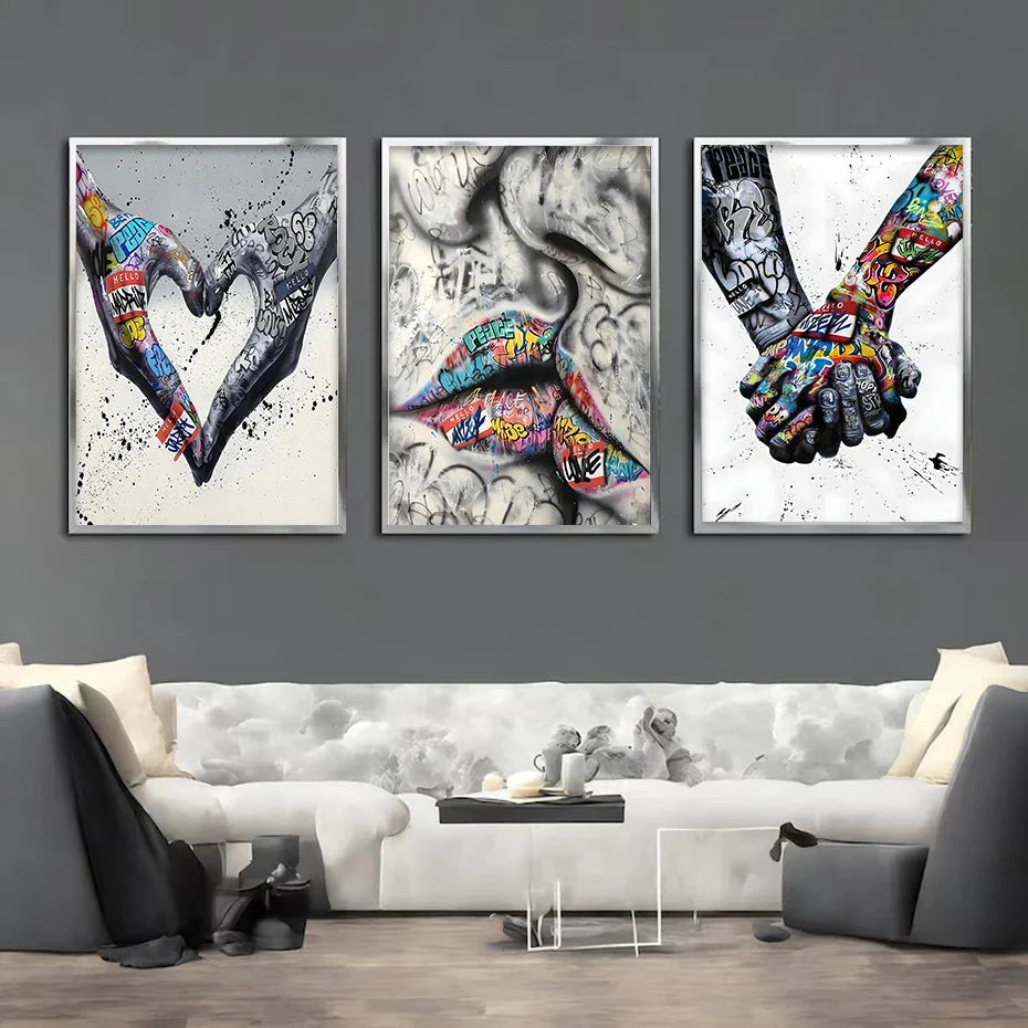 3PCS Moderne Liebe Hand in Hand Küss den Kuss Poster Graffiti Banksy Straßen Wandkunst Leinwandmalerei Drucke Bilder Raumdekoration