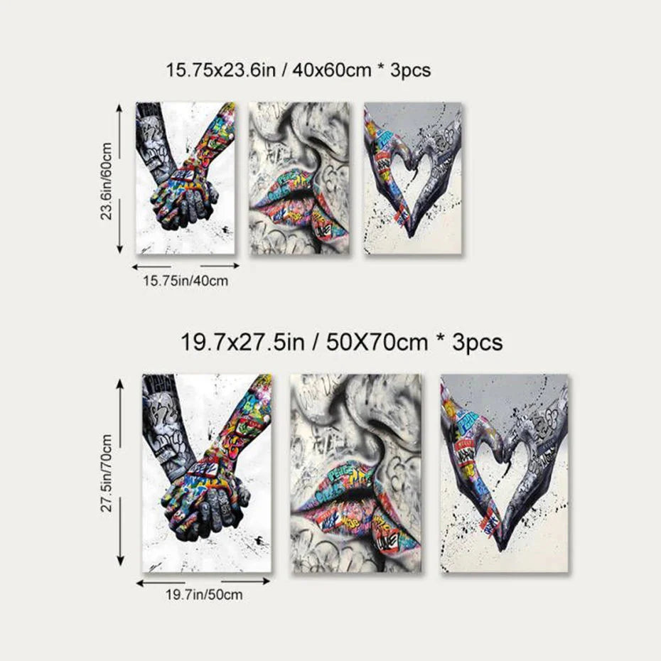 3PCS Moderne Liebe Hand in Hand Küss den Kuss Poster Graffiti Banksy Straßen Wandkunst Leinwandmalerei Drucke Bilder Raumdekoration
