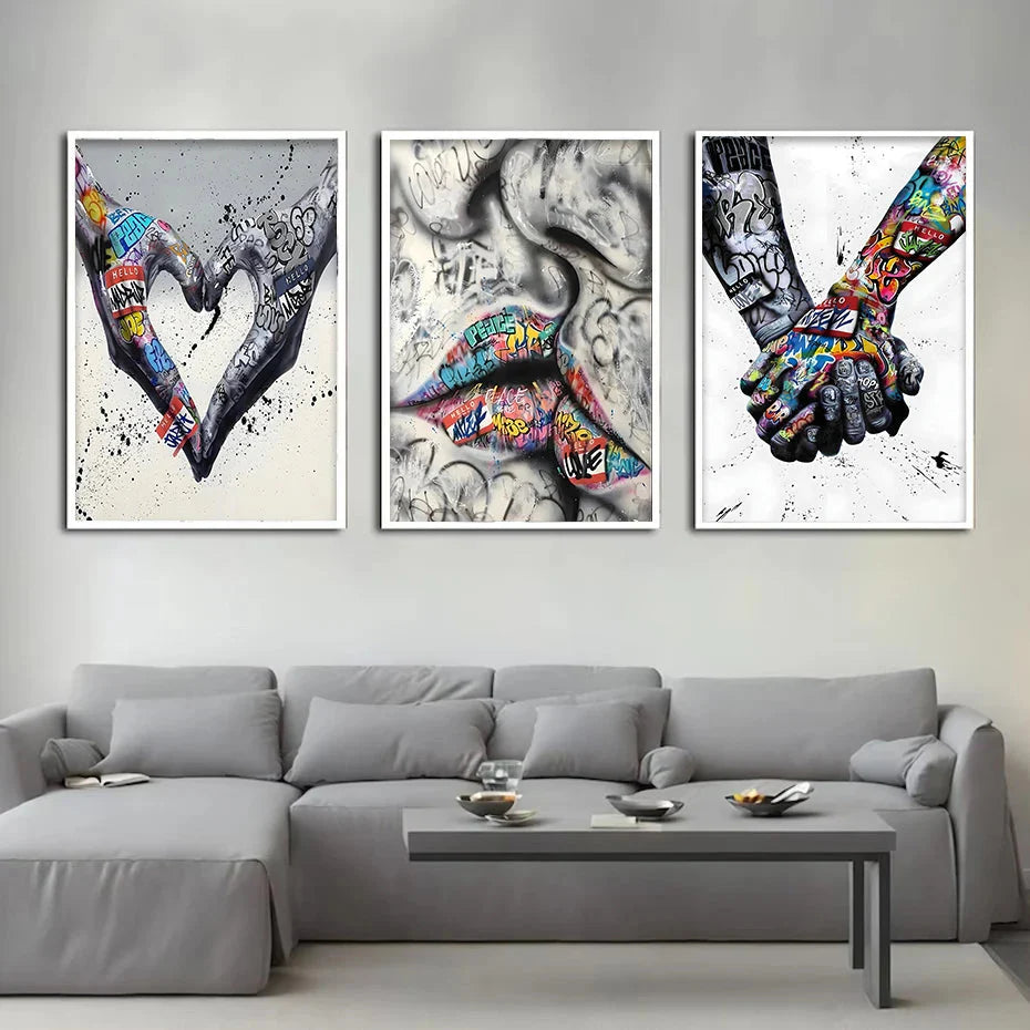 3PCS Moderne Liebe Hand in Hand Küss den Kuss Poster Graffiti Banksy Straßen Wandkunst Leinwandmalerei Drucke Bilder Raumdekoration