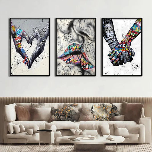 3PCS Moderne Liebe Hand in Hand Küss den Kuss Poster Graffiti Banksy Straßen Wandkunst Leinwandmalerei Drucke Bilder Raumdekoration