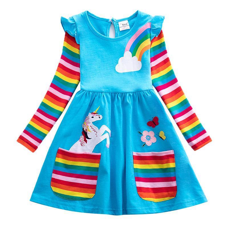Frendorf | Mädchen Einhorn-Regenbogen-Streifen Kleid