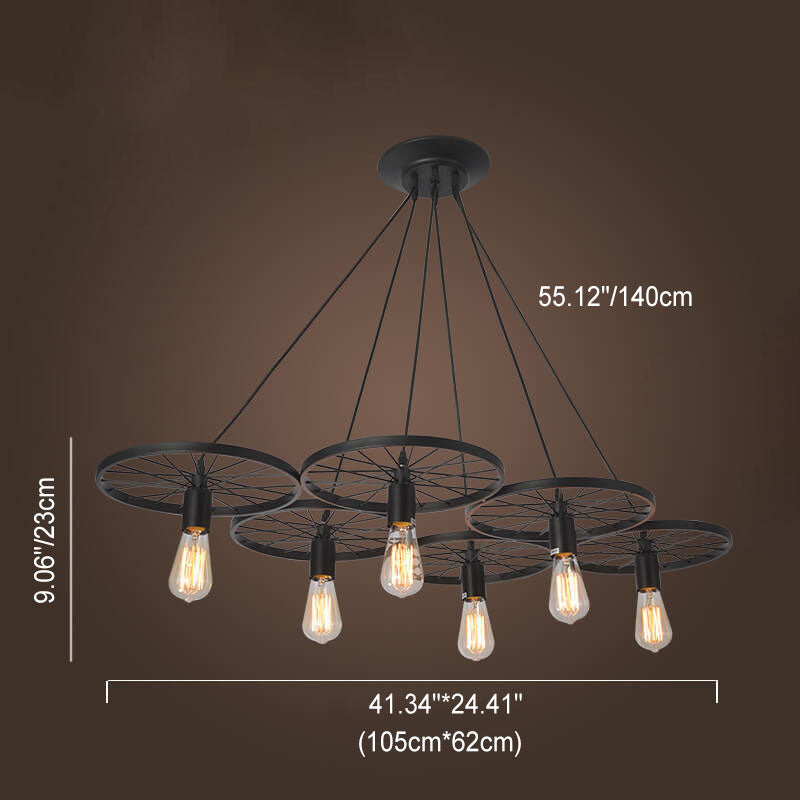 Frendorf | Rustiron Kronleuchter | Industrielles Design mit Eisenrädern | 1/3/6-flammig | Loft- und Wohnraum-Beleuchtung