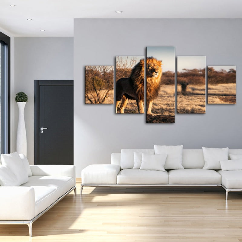5-teiliges majestätisches Löwenmotiv im Sonnenlicht - Leinwand Wandkunstgemälde