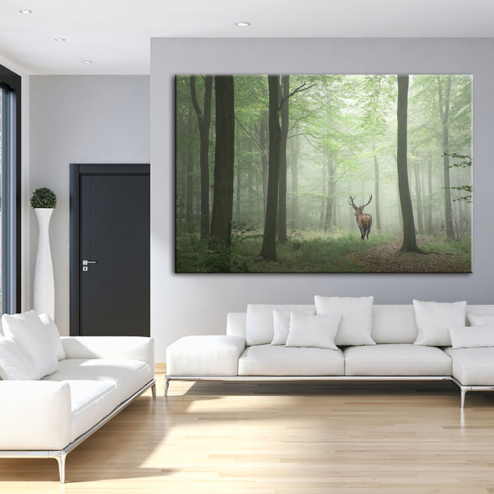 Misty Mystical Deer In The Woods - Leinwand Wandkunst Malerei
