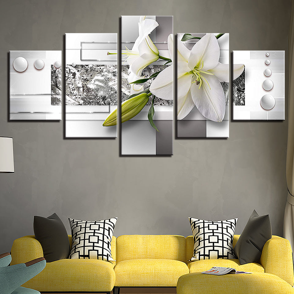Silberweiße Lilien 5-Teilig - Leinwand Wandkunst Malerei