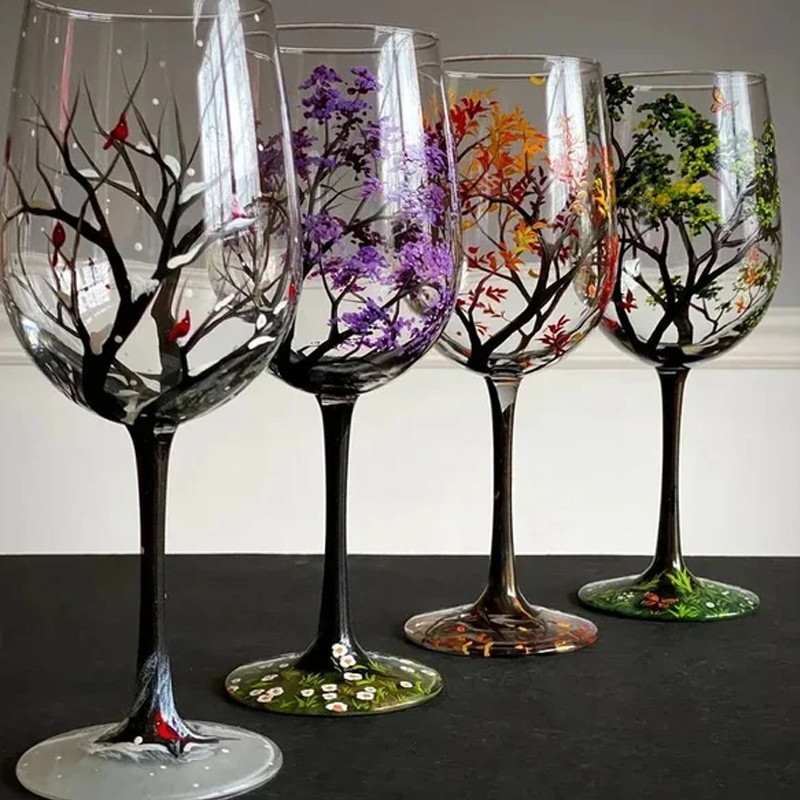 Vier Jahreszeiten Baum Weingläser - Handgemalte Kunst