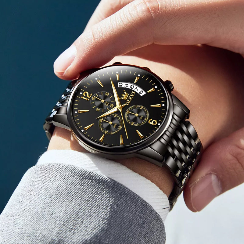 Frendorf | Luxus Gold Drei-Augen Chronograph Zifferblatt Automatische Mechanische Uhr