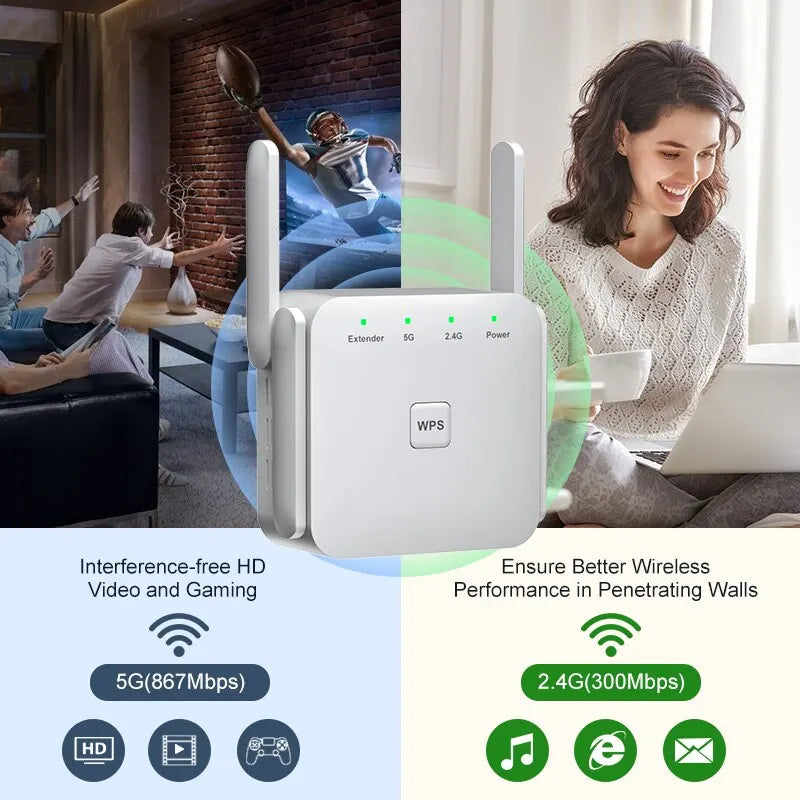 Frendorf | 1200Mbps 5GHz Wireless WiFi Extender | Verbessern Sie Ihr Internet mit Dual-Band-Repeater & Firewall