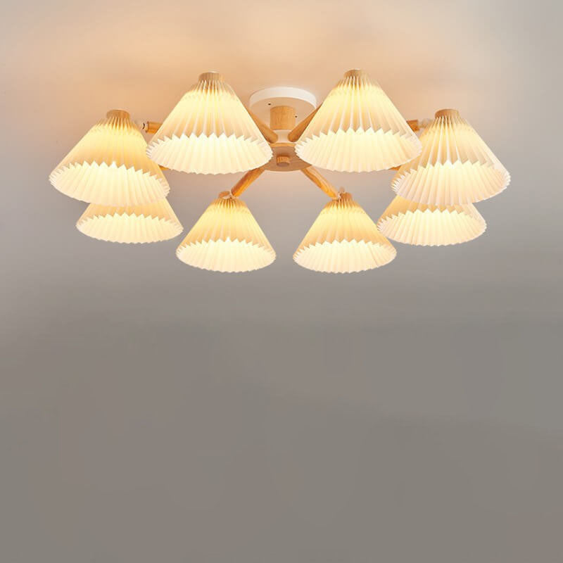 Frendorf | LumiPlea Nordic Holz Deckenleuchte | Plissee-Schirm | 3/6/8-Licht Halbrunde Deckenlampe