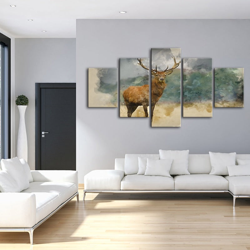 5-teiliges Aquarell-Ebenholz-Reh - Leinwand Wandkunst Gemälde