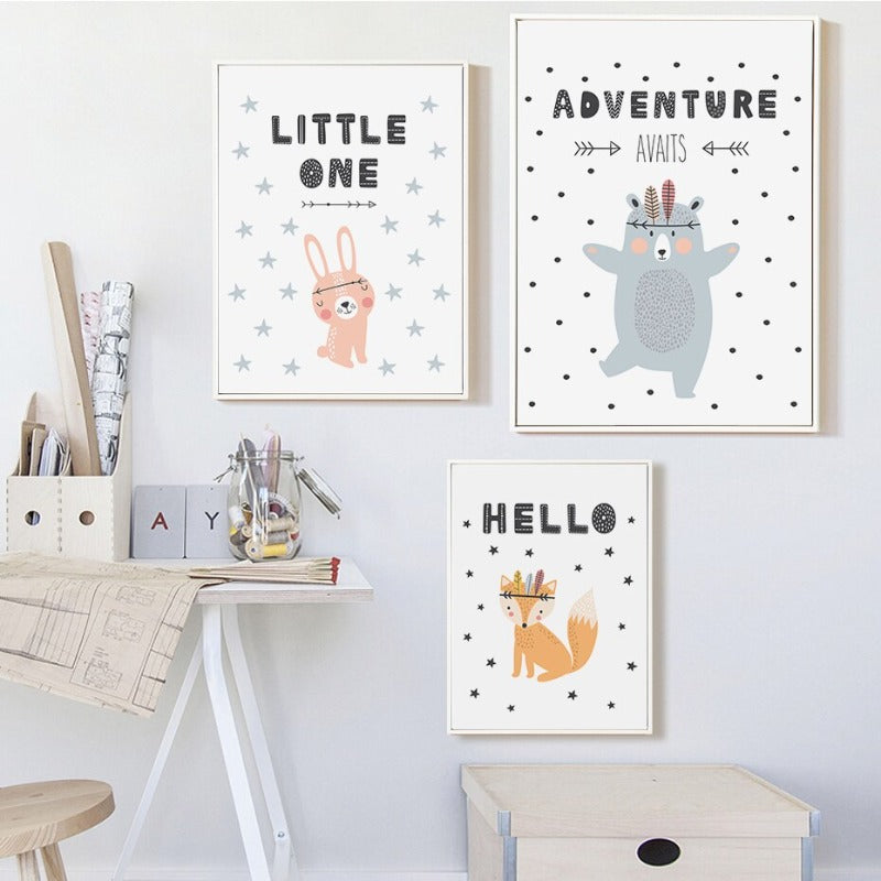 Kleine Waldtiere Eule Gox Bär - Leinwand Wandkunst Gemälde