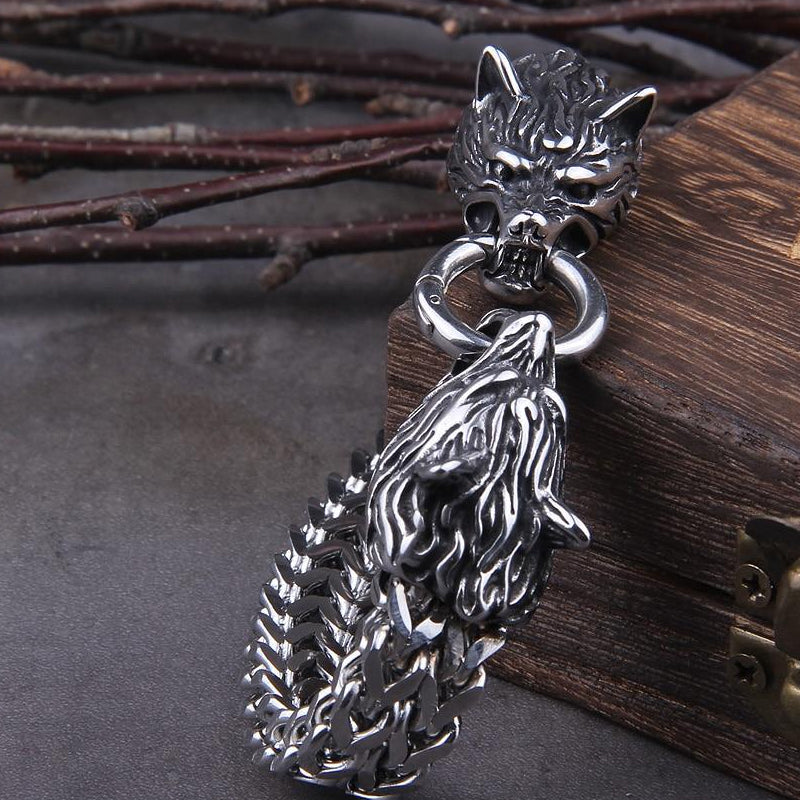 Frendorf | Viking Edelstahl Doppelwolfkopf Fenrir Armband