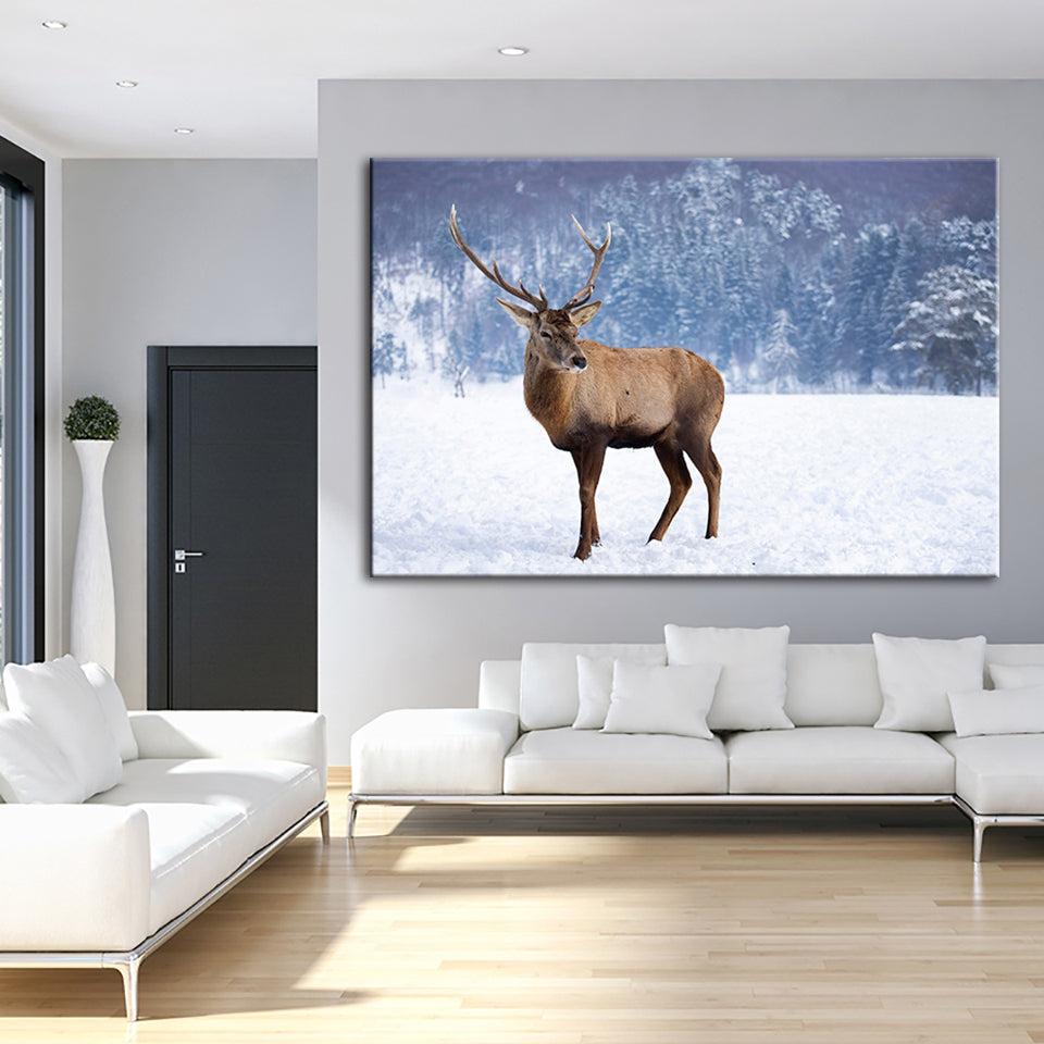 Schneelandschaft Reh - Leinwand Wandkunst Gemälde