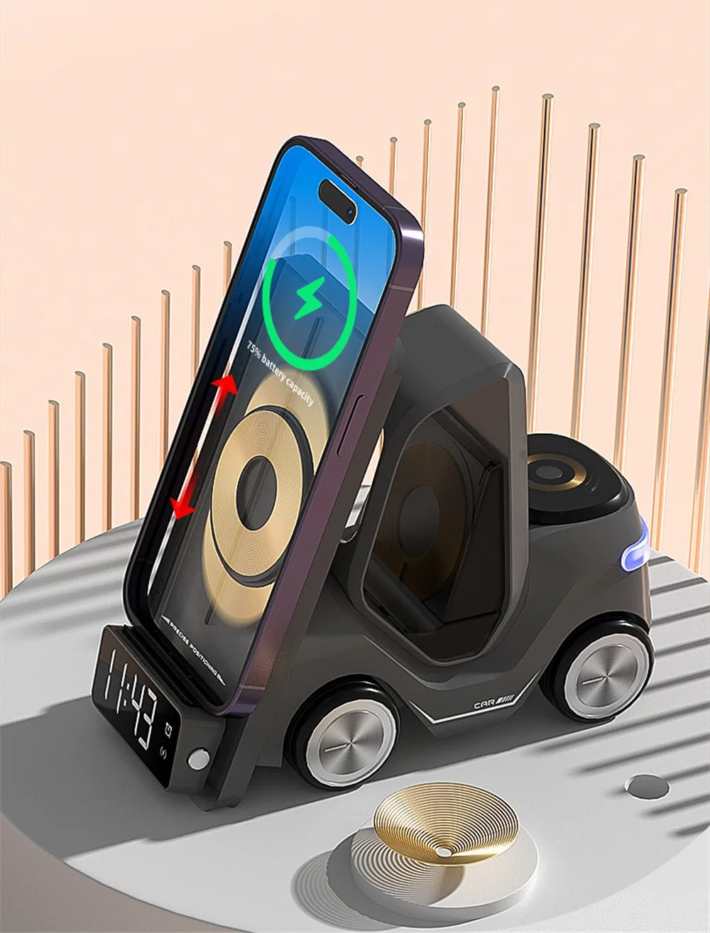 Frendorf | Auto-förmige kabellose Ladestation & LED-Wecker – 3-in-1 Schnellladung für iPhone, Apple Watch & Air Pods