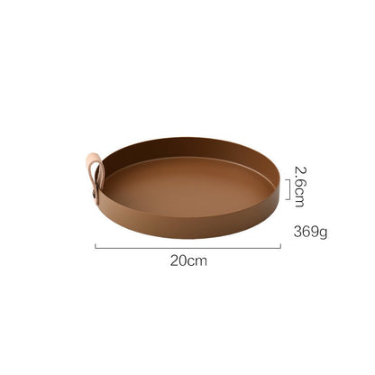 Nordic Style Ledergriff Schmiedeeisen runder Tablett Farbablageplatte Wasserglasplatte Wohnkultur