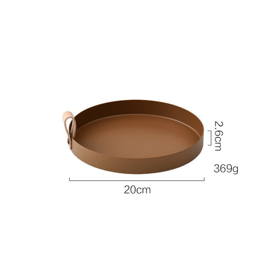 Nordic Style Ledergriff Schmiedeeisen runder Tablett Farbablageplatte Wasserglasplatte Wohnkultur