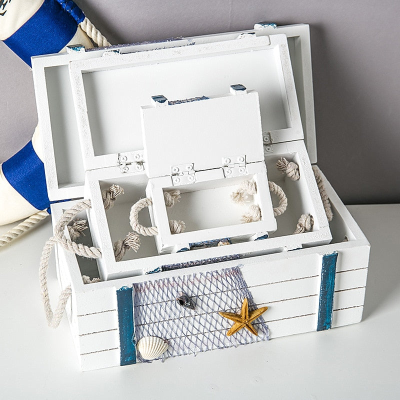 3in1 Mediterrane Holz Aufbewahrungsbox Wohnkultur Schmuckbox 3 Größen Marine Seevogel Seestern HNA Schatzkiste Babyzimmer Dekor