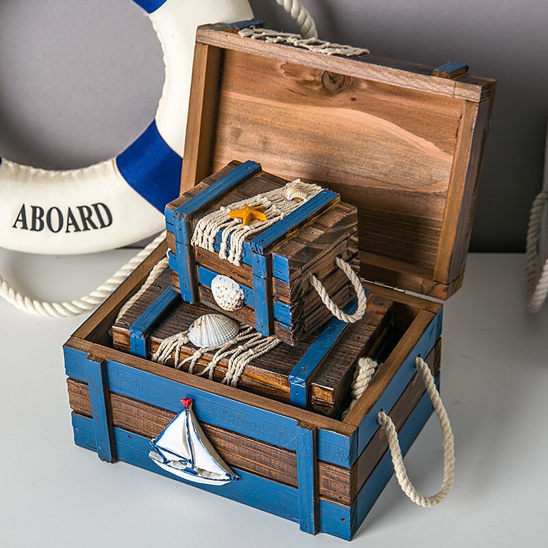 3in1 Mediterrane Holz Aufbewahrungsbox Wohnkultur Schmuckbox 3 Größen Marine Seevogel Seestern HNA Schatzkiste Babyzimmer Dekor