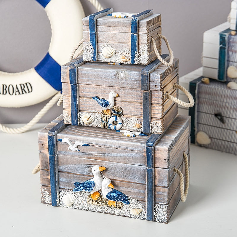 3in1 Mediterrane Holz Aufbewahrungsbox Wohnkultur Schmuckbox 3 Größen Marine Seevogel Seestern HNA Schatzkiste Babyzimmer Dekor