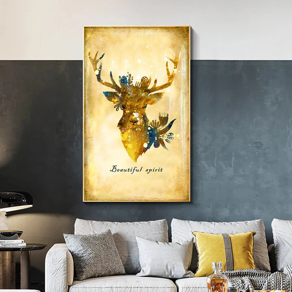 3 Stück Gold Hirsch Aquarell Tier Leinwandmalereien Weihnachts Wohnzimmer Dekorative Poster und Drucke für die Wohnkultur
