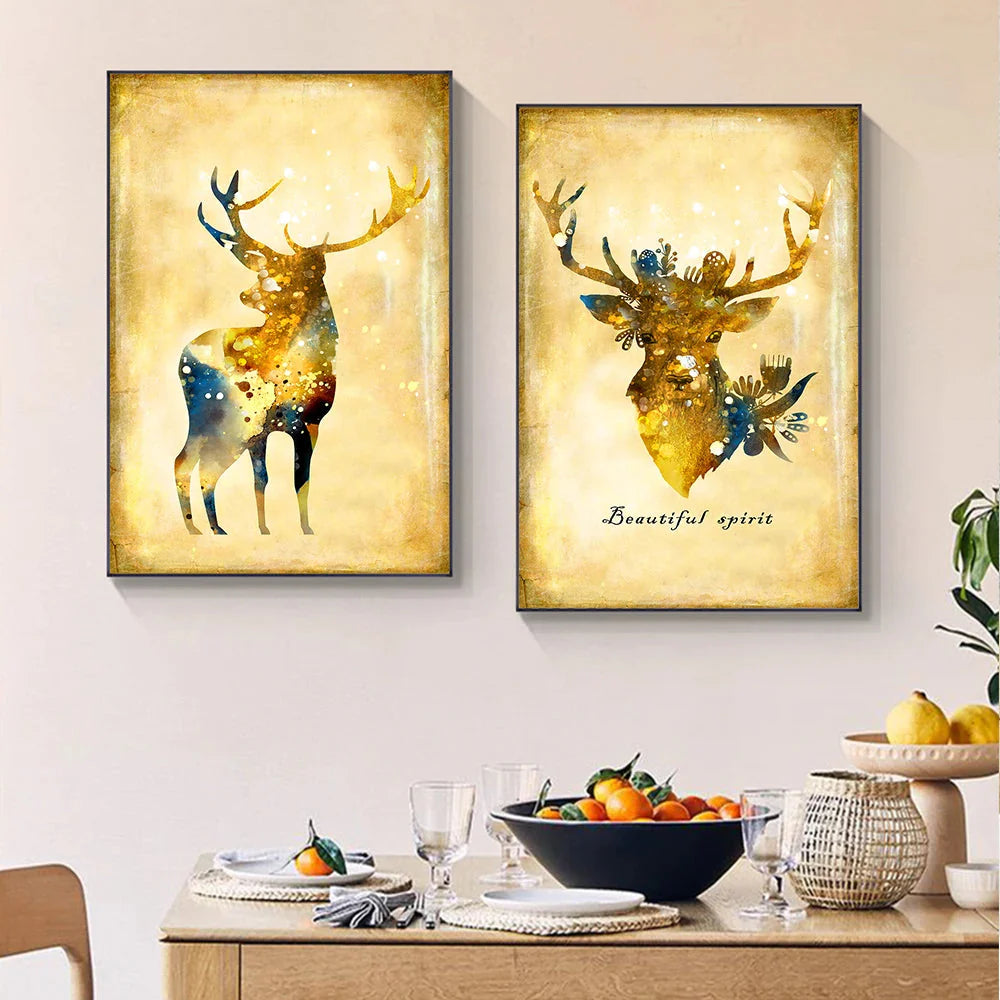 3 Stück Gold Hirsch Aquarell Tier Leinwandmalereien Weihnachts Wohnzimmer Dekorative Poster und Drucke für die Wohnkultur